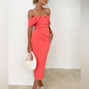 Gingham & Heels Valeria Off Shoulder Midi Dress - Watermelon US 4.